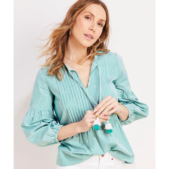 Vinyard Vines Striped Pintuck Long Sleeve Top in Stripe Seawall Green Size S - Picture 1 of 11